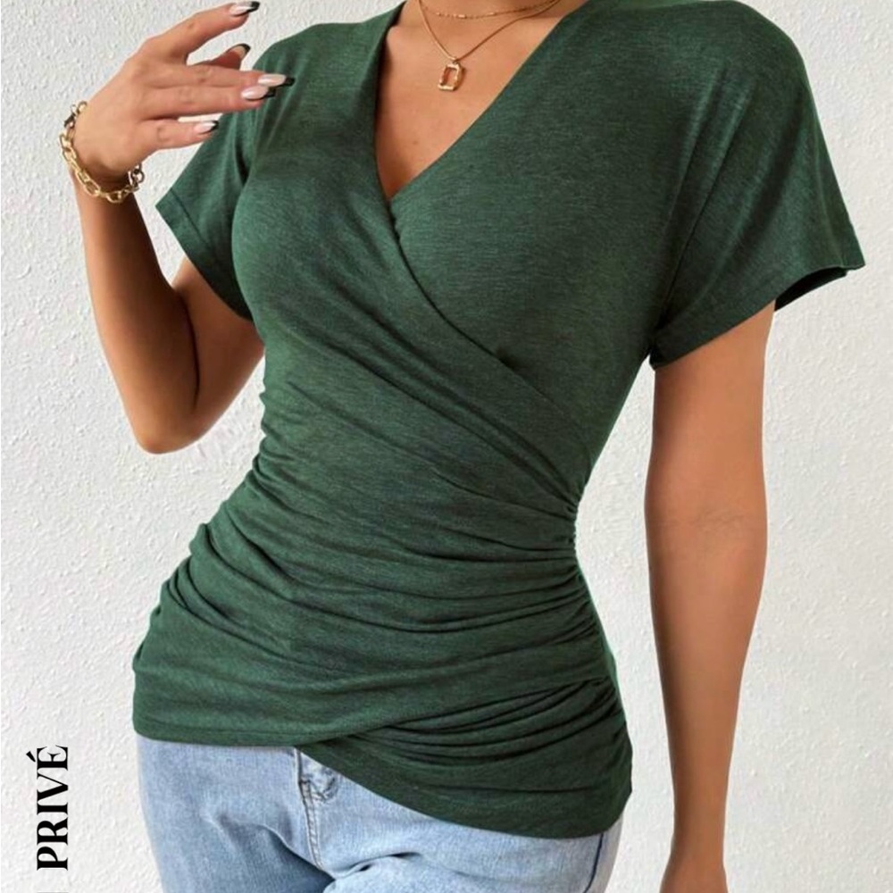 Green surpliced neck ruched top